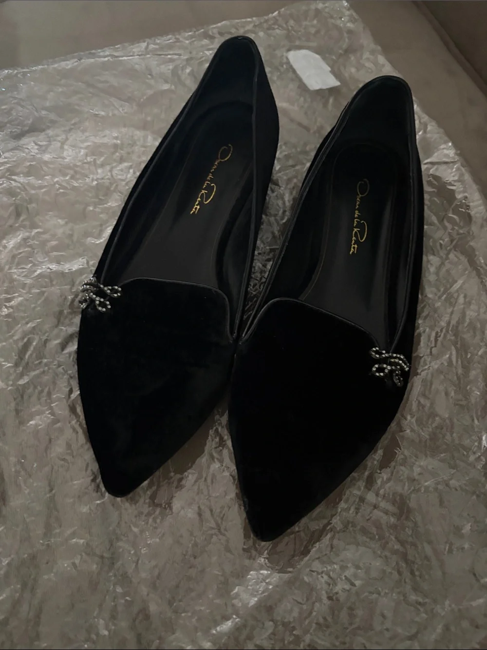 Oscar de la Renta Black Velvet Pointed Toe Flats with Crystal Bow